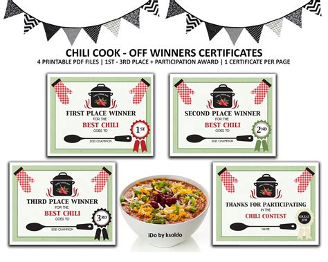 chili cook  winners certificates chili cook  etsy