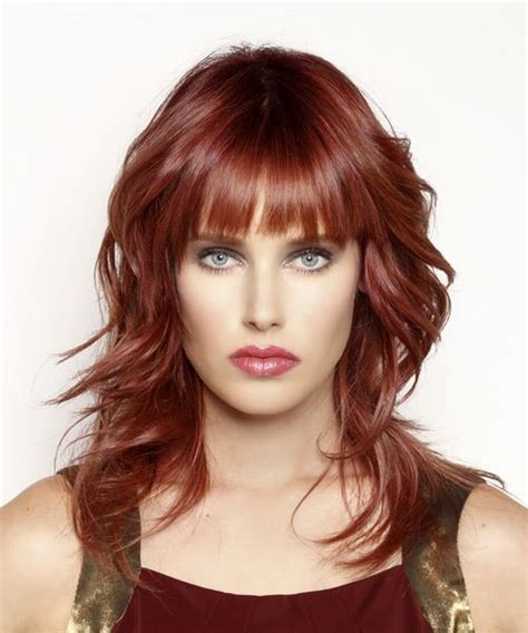 Long Wavy Casual Hairstyle With Blunt Cut Bangs Dark Red