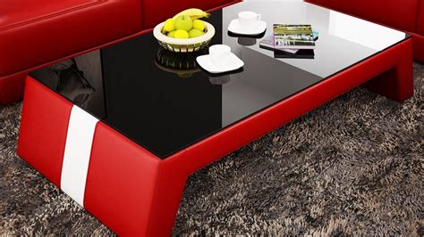 Contemporary Red Leather Coffee Table W Black Glass Table Top My Aashis