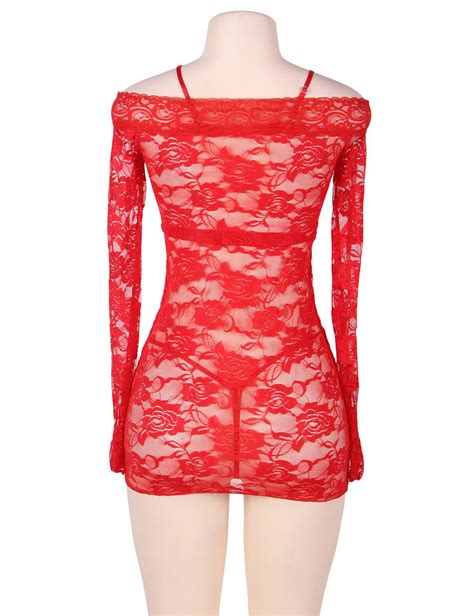 hot sale red sexy off shoulder sheer lace chemise dress online