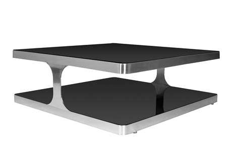 Diego Square Cocktail Table With Black Glass Top And Shelf And Brushed