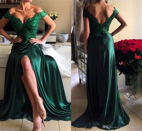 sexy dark green long prom dresses lace v neck off shoulder