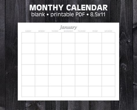 blank monthly calendar     printable  etsy calendar