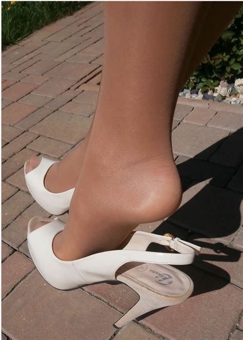 love4heels — white high heel peep toe slingbacks heels nylons heels