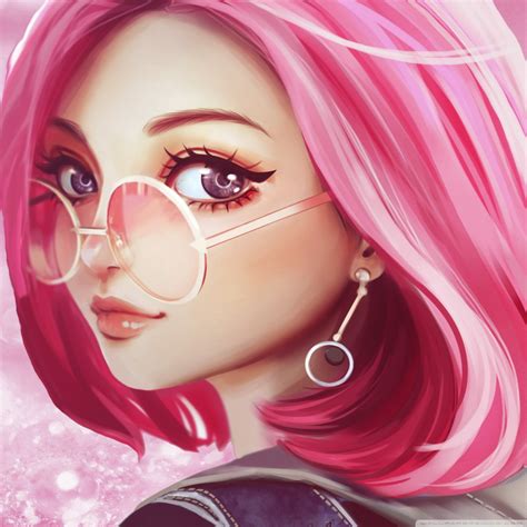 Cute Girl Pink Hair Sunglasses Digital Art Drawing Ultra Hd Desktop