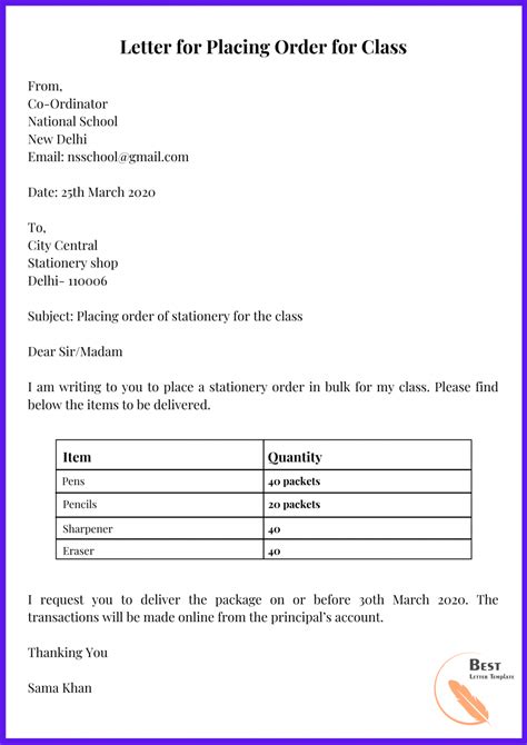 sample letter templates  placing order format examples