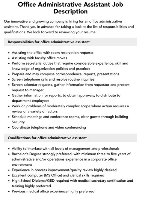 office administrative assistant job description velvet jobs