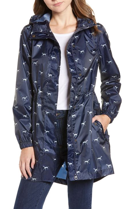 joules   rain packable print hooded raincoat blue lyst