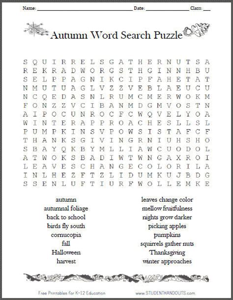 autumnfall word search puzzle   print student handouts