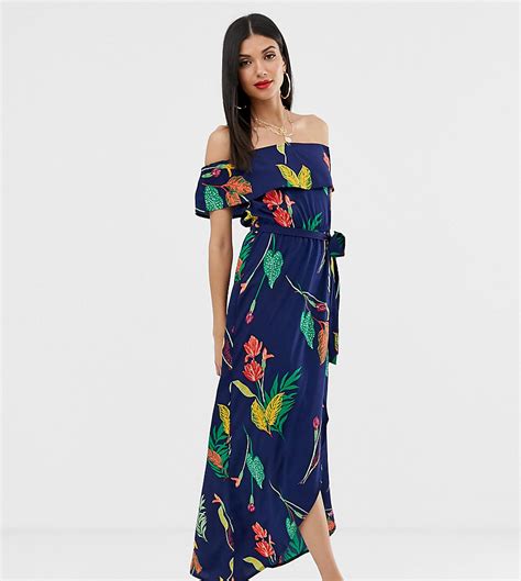 Influence Tall Off Shoulder Maxi Dress In Navy Floral Modesens