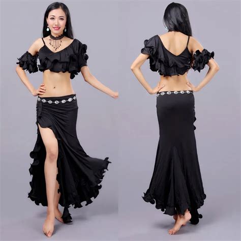 Sexy Eastern Oriental Belly Dance Costume Curled Crop Tops Skirt For