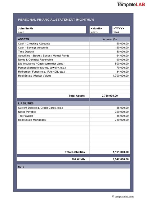personal financial statement templates forms templatelab