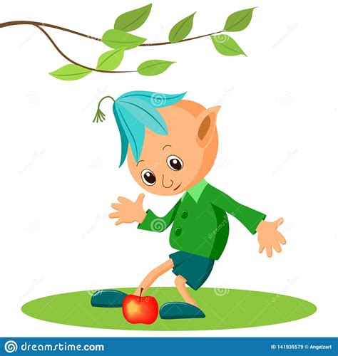A Fairy Tale Character A Little Garden Elf And An Apple