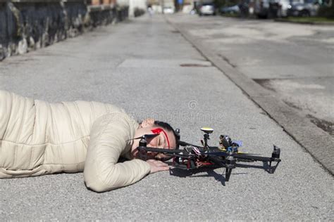 drone quadcopter accident scene  city stock image image  aerial blue