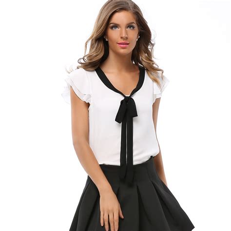 ladies  size chiffon blouses fashion white blouse  contrast bow tie   blouses