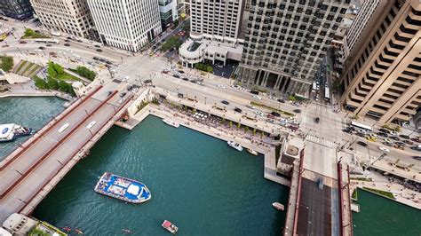 drone footage captures bustling chicago riverwalk  year  chicago riverwalk chicago