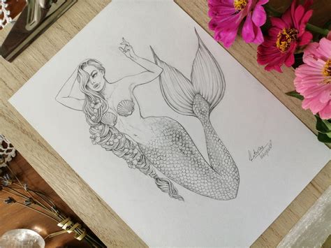 Naked Mermaid Drawing Original Graphite Pencil Drawing Beautiful