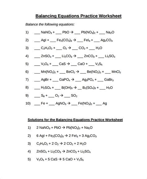 sample balancing equations worksheet templates   documents