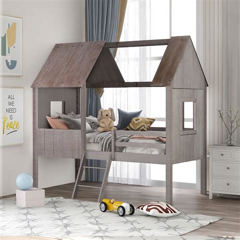 kids loft bed twin size  stairs wood house bed    windows  boys girls teens