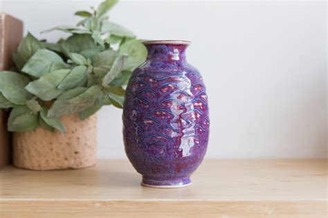 purple ceramic bud vase vintage studio pottery art vase  flowers branches floral arrangement