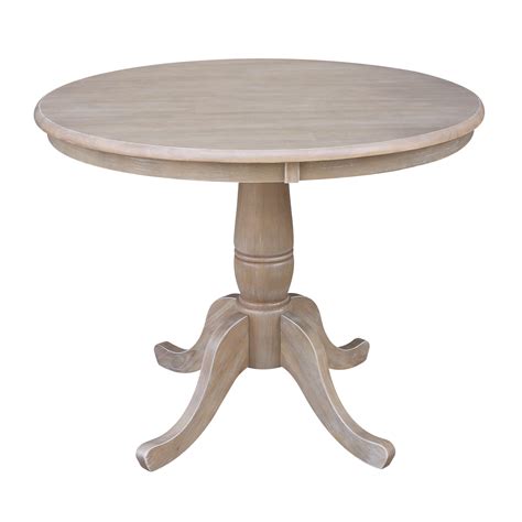 solid wood     pedestal dining table  washed gray taupe