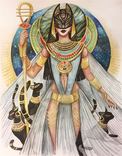 An Egyptian Goddess With Two Cats And A Staff