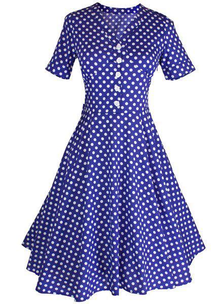 [40 off] vintage polka dot printed v neck flare midi dress for women