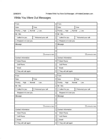 telephone message templates word excel  formats