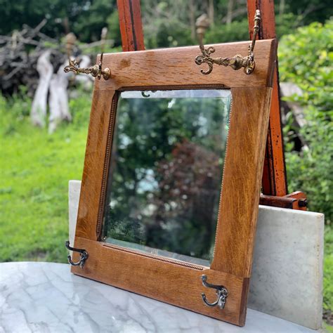 antique victorian quartersawn oak square hall mirror  hooks