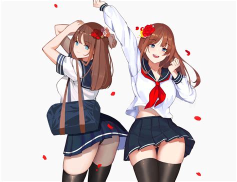 2girls Ass Blue Eyes Brown Hair Cameltoe Flowers Gg E Long Hair Navel