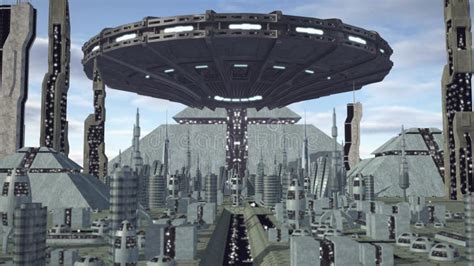 ufo flying  futuristic pyramid city stock photo image  building lights