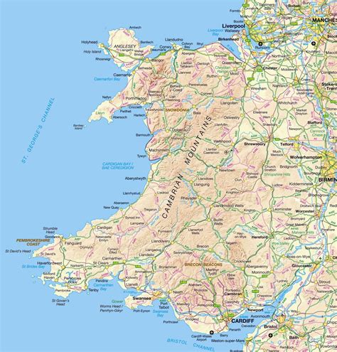 large detailed map  wales  relief roads  cities wales