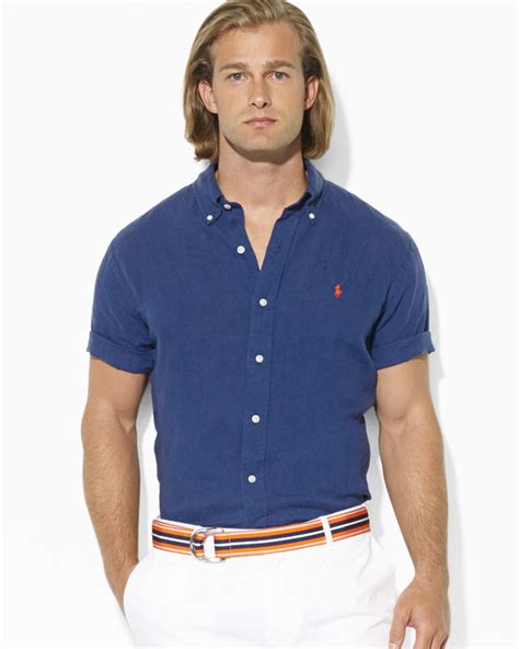lyst ralph lauren polo custom fit short sleeved solid linen sport shirt  blue  men