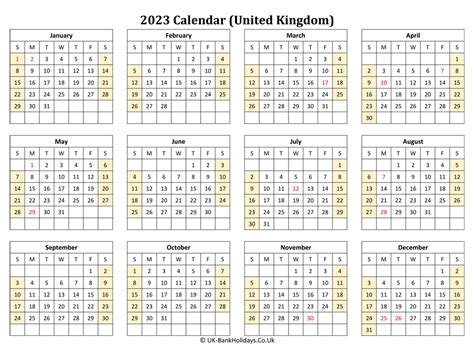 printable  uk calendar landscape layout