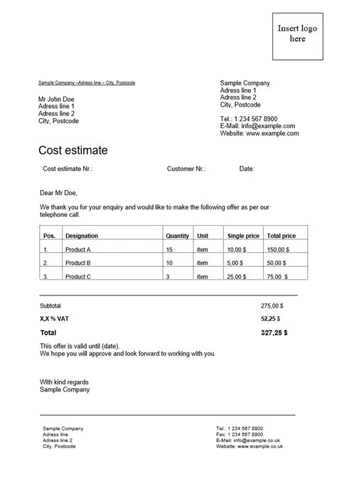 cost estimate template word  excel ionos ca