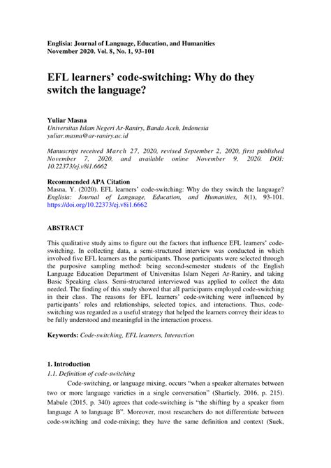 efl learners code switching    switch  language