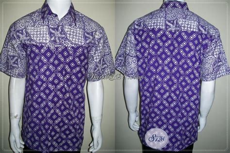 kemeja batik kombinasi warna ungu dua motif tabrak keren