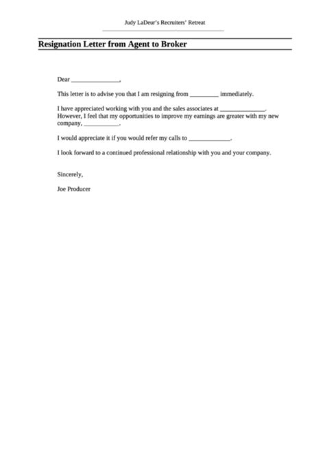 resignation letter template  agent  broker printable