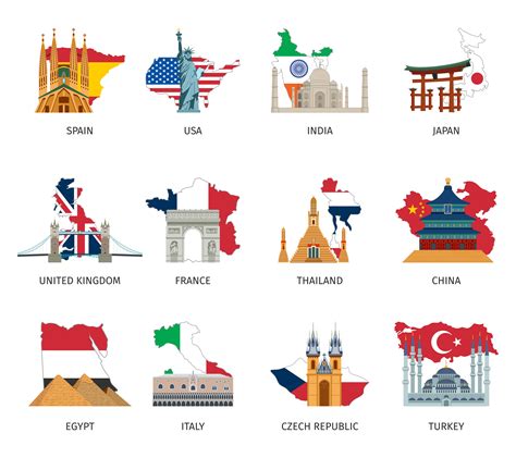countries flags landmarks flat icons set  vector art  vecteezy