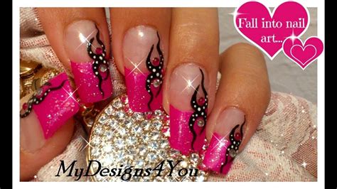 pink glitter nail art tutorial tattoo nail design monochrome french ♥ youtube