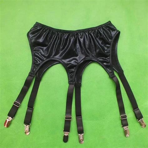 sexy black faux leather garter belt suspender latex 6 strap metallic