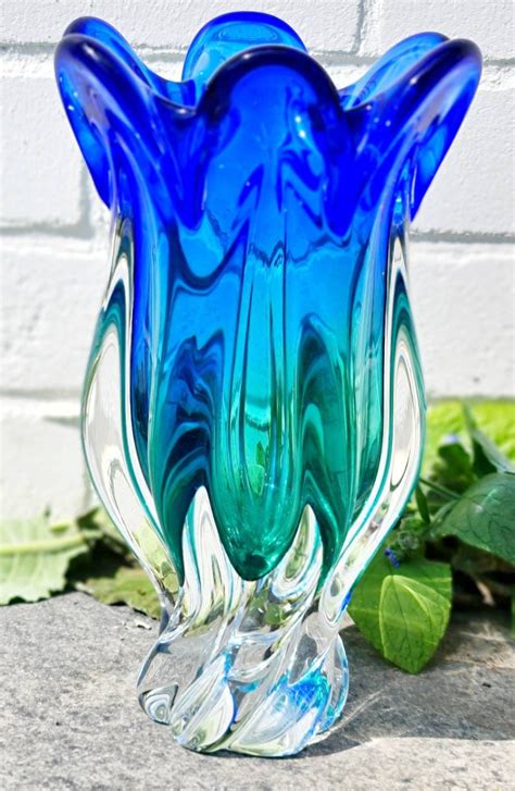 Vintage Murano Vase Hand Blown Art Glass Vase Blue Green Etsy Free