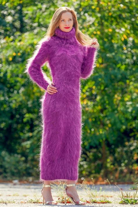 Long Mohair Sweater Dress Hand Knitted Fuzzy Turtleneck Dress Etsy