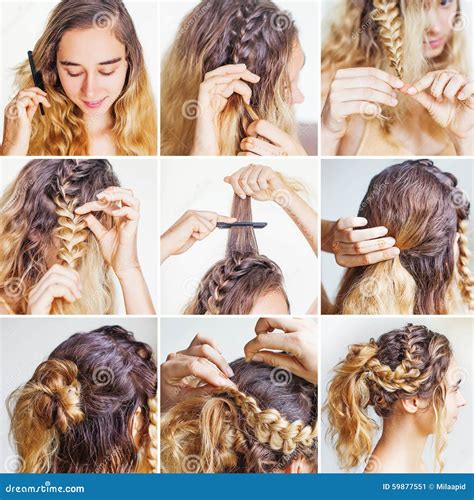 braided updo tutorial   curly hair stock image image  dyed messy