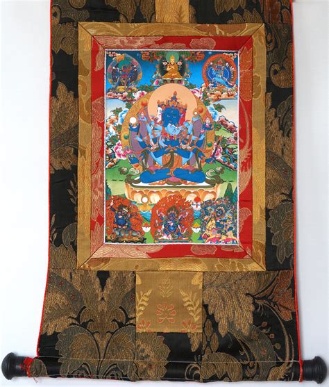 24″ Brocade Blessed Wood Scroll Tibetan Thangka