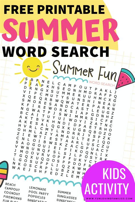 summer word search  printable worksheet  kids summer word