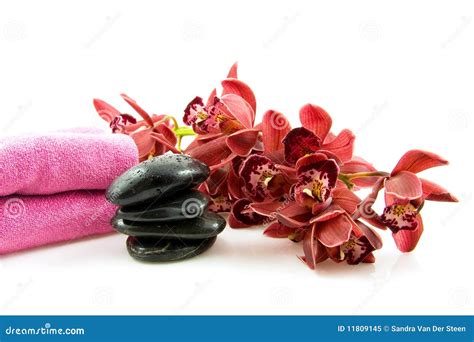spa stones  red orchid stock image image  towels