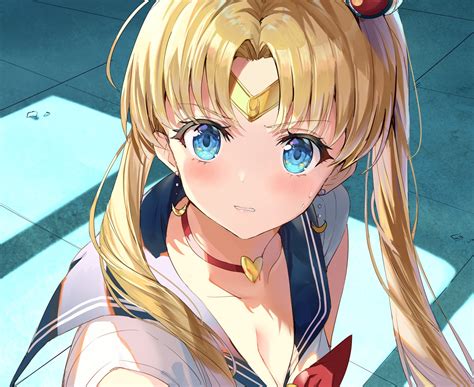 aqua eyes blonde hair blush breasts choker cleavage close headband long