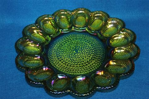 This Is A Green Iridescent Carnival Glass Deviled Egg Tray Carnival