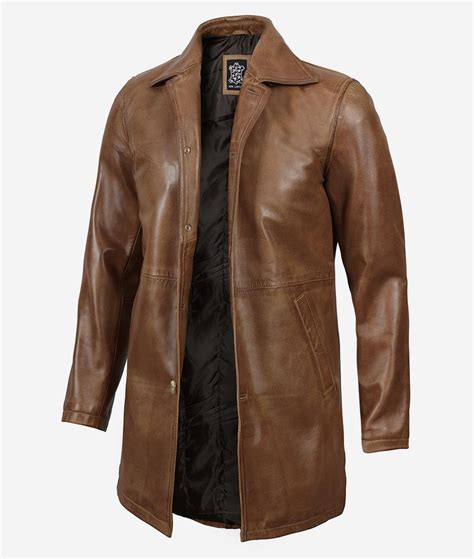 mens camel distressed leather   length coat
